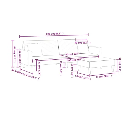 2-Vietīga Dīvāngulta Ar Spilveniem Un Kāju Balstu, Melns Audums Vidaxl