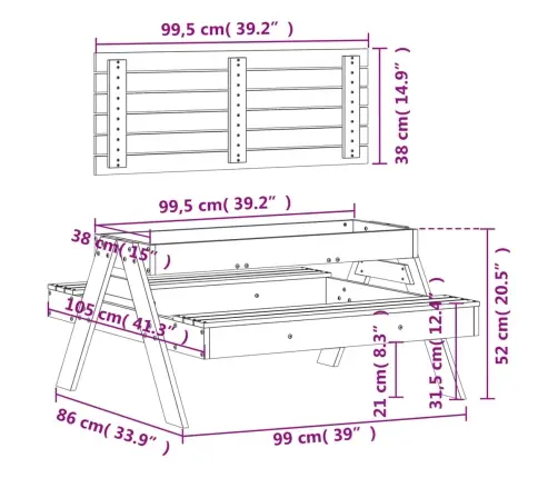 Piknika Galds Ar Smilšu Kasti Bērniem, Balts, Priedes Masīvkoks Vidaxl