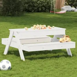 Piknika Galds Ar Smilšu Kasti Bērniem, Balts, Priedes Masīvkoks Vidaxl