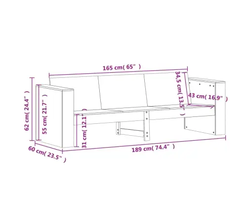Trīsvietīgs Dārza Dīvāns, 189X60X62 Cm, Brūns Priedes Masīvkoks Vidaxl