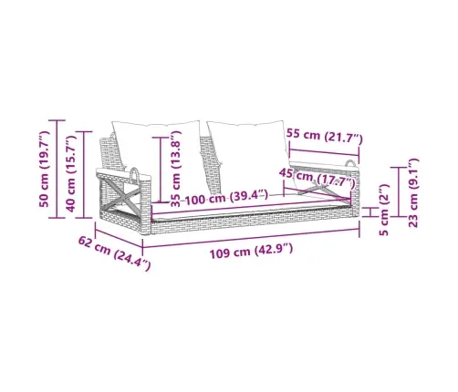 Šūpoļu Sols Ar Spilveniem, Bēšs, 109X62X40 Cm, Pe Rotangpalma Vidaxl