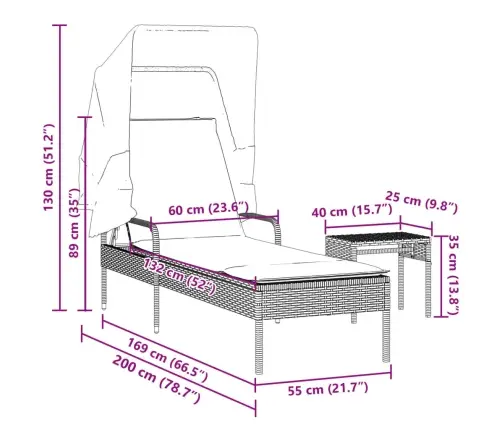 Sauļošanās Zvilnis Ar Jumtiņu Un Galdu, Pelēka Pe Rotangpalma Vidaxl