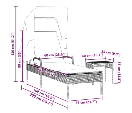 Päevitustool Koos Varikatuse Ja Lauaga, Beež, Polürotang