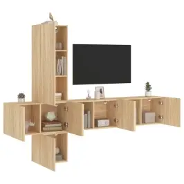 Sieninė Tv Sekcija, 5 Dalių, Ąžuolo Spalvos, Apdirbta Mediena