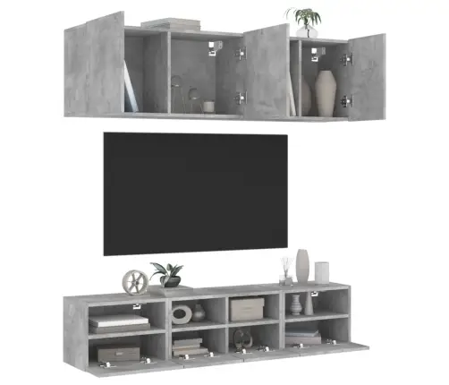Sieninė Tv Sekcija, 5 Dalių, Betono Pilka, Apdirbta Mediena Sieninė Tv Sekcija, 5 Dalių, Betono Pilka, Apdirbta Mediena