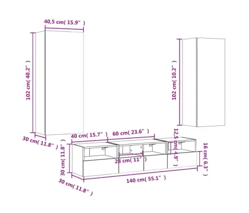 Sieninė Tv Sekcija, 5 Dalių, Pilka Ąžuolo, Apdirbta Mediena