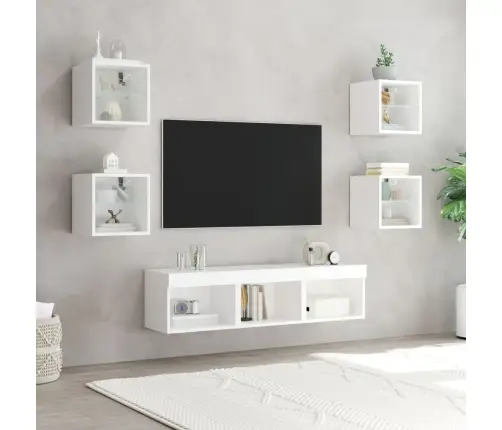 Sieninė Tv Sekcija Su Led, 7 Dalių, Balta, Apdirbta Mediena