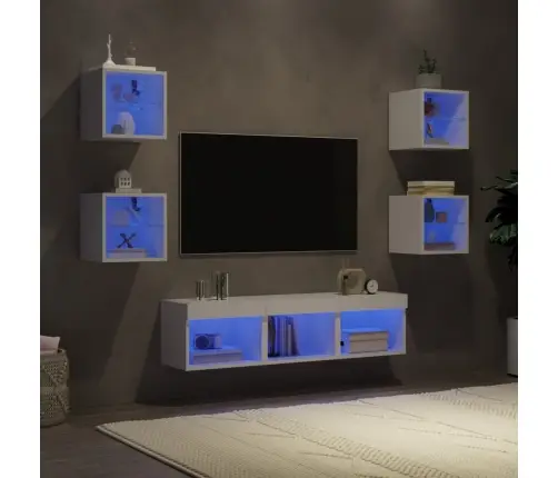 Sieninė Tv Sekcija Su Led, 7 Dalių, Balta, Apdirbta Mediena