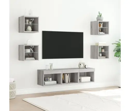 Sieninė Tv Sekcija Su Led, 7 Dalių, Pilka Ąžuolo, Mediena Sieninė Tv Sekcija Su Led, 7 Dalių, Pilka Ąžuolo, Mediena