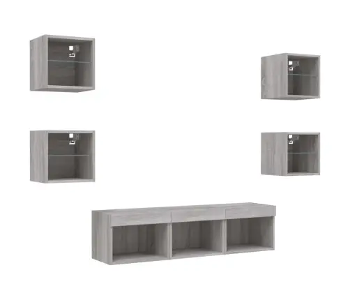 Sieninė Tv Sekcija Su Led, 7 Dalių, Pilka Ąžuolo, Mediena Sieninė Tv Sekcija Su Led, 7 Dalių, Pilka Ąžuolo, Mediena