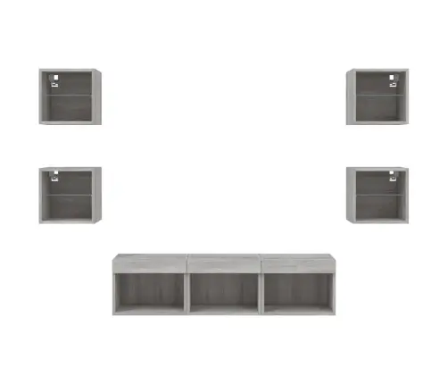 Sieninė Tv Sekcija Su Led, 7 Dalių, Pilka Ąžuolo, Mediena Sieninė Tv Sekcija Su Led, 7 Dalių, Pilka Ąžuolo, Mediena