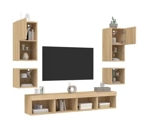 Sieninė Tv Sekcija Su Led, 8 Dalių, Ąžuolo, Apdirbta Mediena