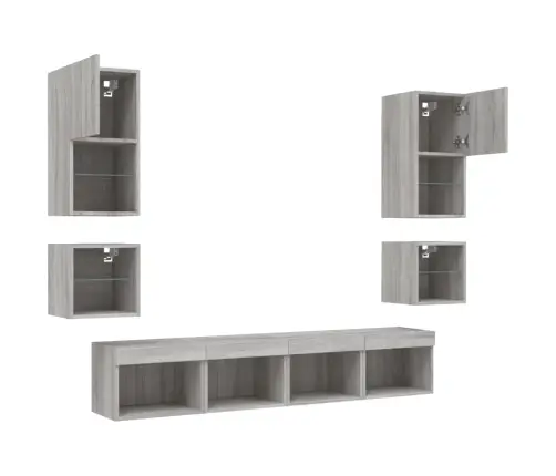 Sieninė Tv Sekcija Su Led, 8 Dalių, Pilka Ąžuolo, Mediena Sieninė Tv Sekcija Su Led, 8 Dalių, Pilka Ąžuolo, Mediena