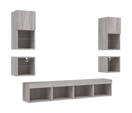 Sieninė Tv Sekcija Su Led, 8 Dalių, Pilka Ąžuolo, Mediena Sieninė Tv Sekcija Su Led, 8 Dalių, Pilka Ąžuolo, Mediena