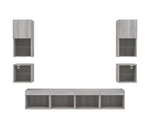 Sieninė Tv Sekcija Su Led, 8 Dalių, Pilka Ąžuolo, Mediena Sieninė Tv Sekcija Su Led, 8 Dalių, Pilka Ąžuolo, Mediena