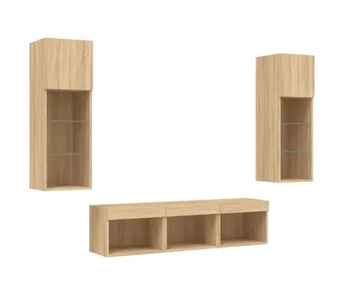 Sieninė Tv Sekcija Su Led, 5 Dalių, Ąžuolo, Apdirbta Mediena