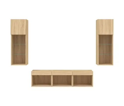 Sieninė Tv Sekcija Su Led, 5 Dalių, Ąžuolo, Apdirbta Mediena