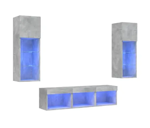 Sieninė Tv Sekcija Su Led, 5 Dalių, Betono, Apdirbta Mediena
