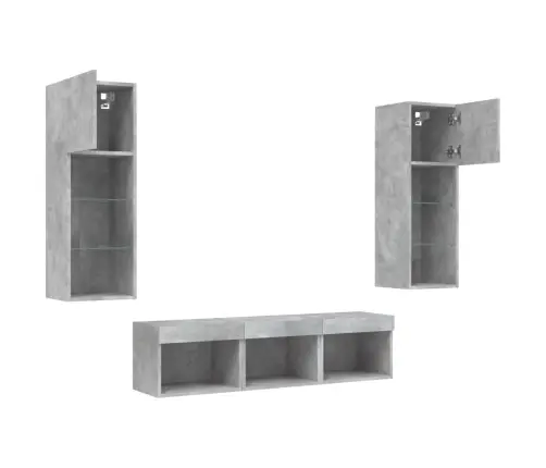 Sieninė Tv Sekcija Su Led, 5 Dalių, Betono, Apdirbta Mediena