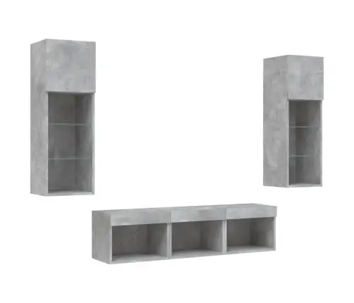 Sieninė Tv Sekcija Su Led, 5 Dalių, Betono, Apdirbta Mediena