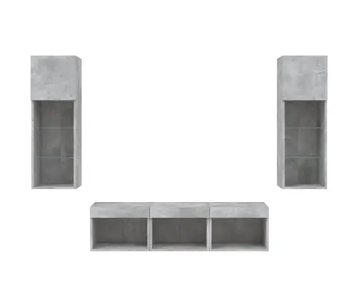 Sieninė Tv Sekcija Su Led, 5 Dalių, Betono, Apdirbta Mediena