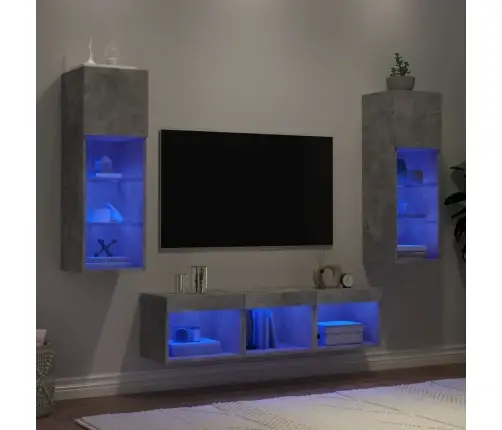 Sieninė Tv Sekcija Su Led, 5 Dalių, Betono, Apdirbta Mediena