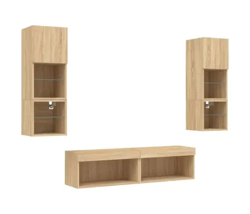 Sieninė Tv Sekcija Su Led, 6 Dalių, Ąžuolo, Apdirbta Mediena