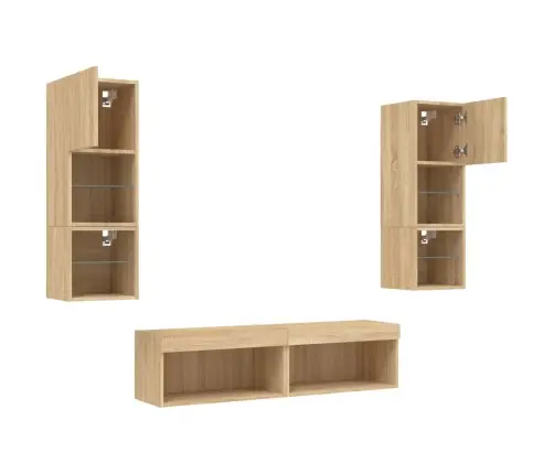 Sieninė Tv Sekcija Su Led, 6 Dalių, Ąžuolo, Apdirbta Mediena