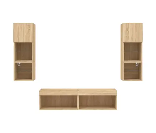 Sieninė Tv Sekcija Su Led, 6 Dalių, Ąžuolo, Apdirbta Mediena