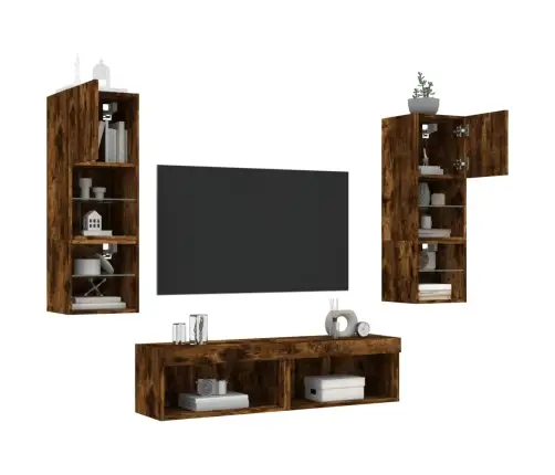 Sieninė Tv Sekcija Su Led, 6 Dalių, Dūminio Ąžuolo, Mediena