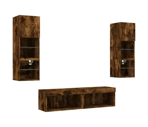 Sieninė Tv Sekcija Su Led, 6 Dalių, Dūminio Ąžuolo, Mediena