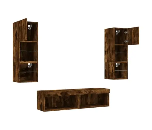 Sieninė Tv Sekcija Su Led, 6 Dalių, Dūminio Ąžuolo, Mediena