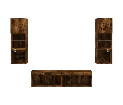 Sieninė Tv Sekcija Su Led, 6 Dalių, Dūminio Ąžuolo, Mediena