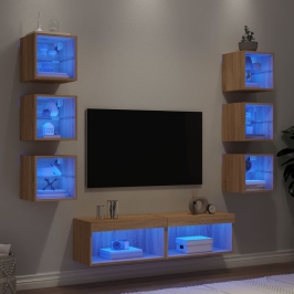 Sieninė Tv Sekcija Su Led, 8 Dalių, Ąžuolo, Apdirbta Mediena