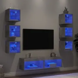 Sieninė Tv Sekcija Su Led, 8 Dalių, Betono, Apdirbta Mediena