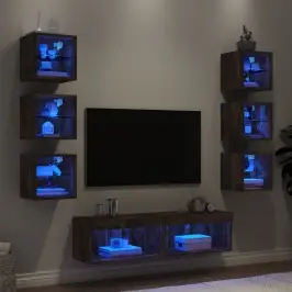 Sieninė Tv Sekcija Su Led, 8 Dalių, Dūminio Ąžuolo, Mediena