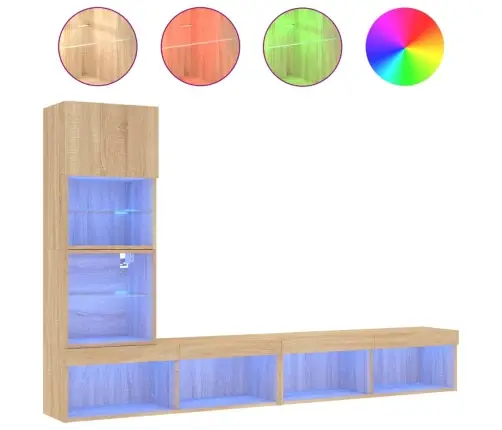Sieninė Tv Sekcija Su Led, 4 Dalių, Ąžuolo, Apdirbta Mediena