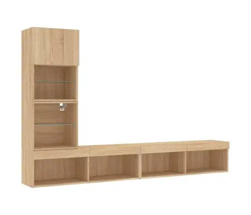 Sieninė Tv Sekcija Su Led, 4 Dalių, Ąžuolo, Apdirbta Mediena