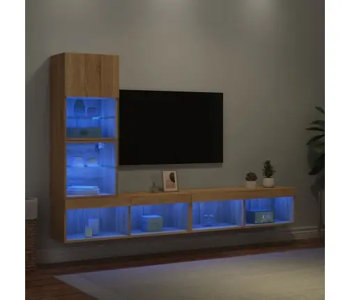 Sieninė Tv Sekcija Su Led, 4 Dalių, Ąžuolo, Apdirbta Mediena