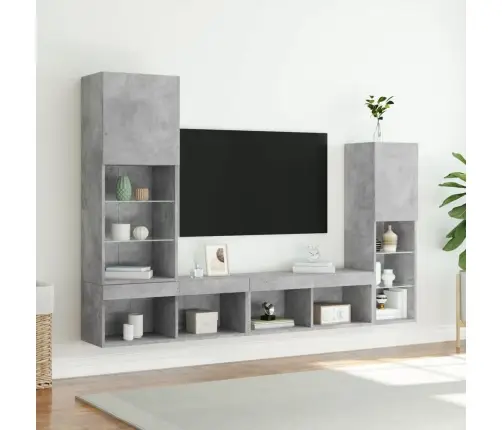 Sieninė Tv Sekcija Su Led, 4 Dalių, Betono, Apdirbta Mediena