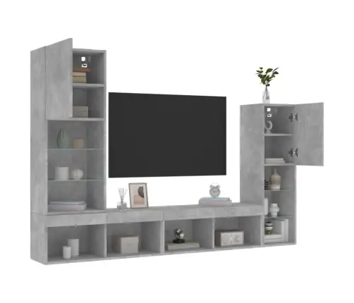 Sieninė Tv Sekcija Su Led, 4 Dalių, Betono, Apdirbta Mediena