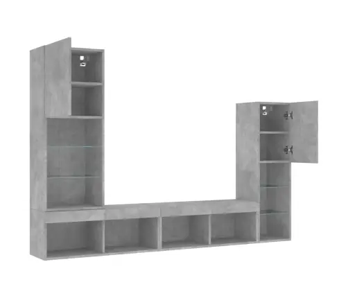Sieninė Tv Sekcija Su Led, 4 Dalių, Betono, Apdirbta Mediena
