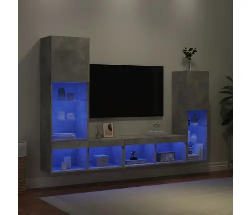Sieninė Tv Sekcija Su Led, 4 Dalių, Betono, Apdirbta Mediena