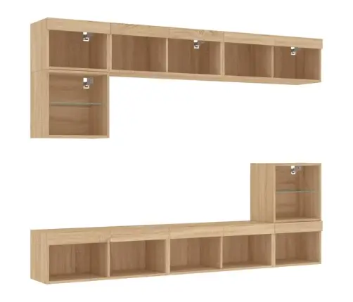 Sieninė Tv Sekcija Su Led, 8 Dalių, Ąžuolo, Apdirbta Mediena