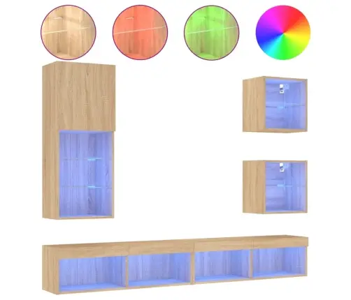 Sieninė Tv Sekcija Su Led, 5 Dalių, Ąžuolo, Apdirbta Mediena