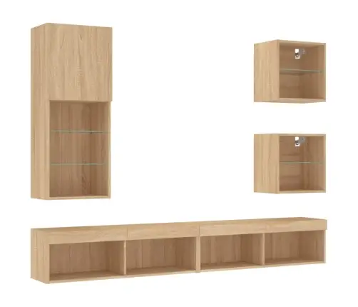 Sieninė Tv Sekcija Su Led, 5 Dalių, Ąžuolo, Apdirbta Mediena