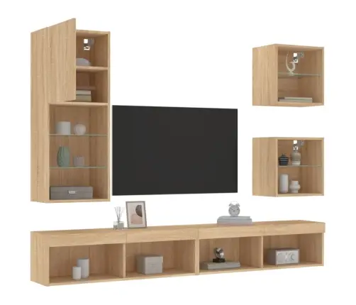 Sieninė Tv Sekcija Su Led, 5 Dalių, Ąžuolo, Apdirbta Mediena