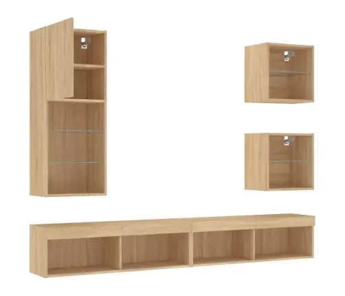 Sieninė Tv Sekcija Su Led, 5 Dalių, Ąžuolo, Apdirbta Mediena