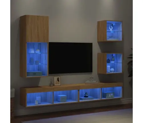 Sieninė Tv Sekcija Su Led, 5 Dalių, Ąžuolo, Apdirbta Mediena