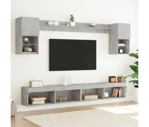 Sieninė Tv Sekcija Su Led, 6 Dalių, Betono, Apdirbta Mediena